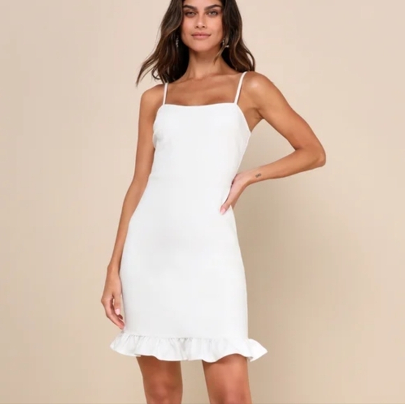 Lulus Dresses & Skirts - Lulu's Spoonful of Sass white fitted sleeveless ruffle trim bodycon mini dress